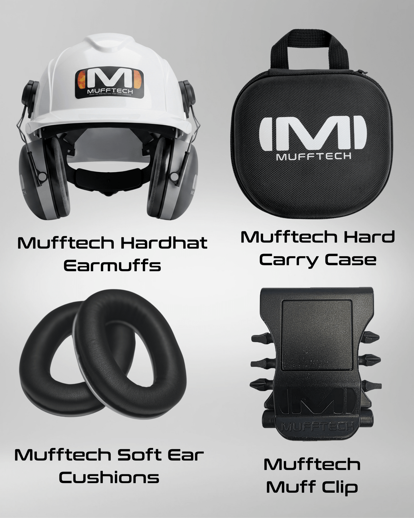 3rd Birthday Sale Bundle - Hard Hat Double OG Mufftech Bluetooth Earmuffs with Carry Case, Soft Ear Cushions and a Muff Clip - Mufftech
