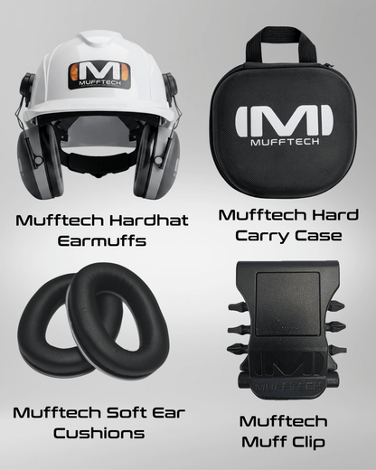 3rd Birthday Sale Bundle - Hard Hat Double OG Mufftech Bluetooth Earmuffs with Carry Case, Soft Ear Cushions and a Muff Clip - Mufftech