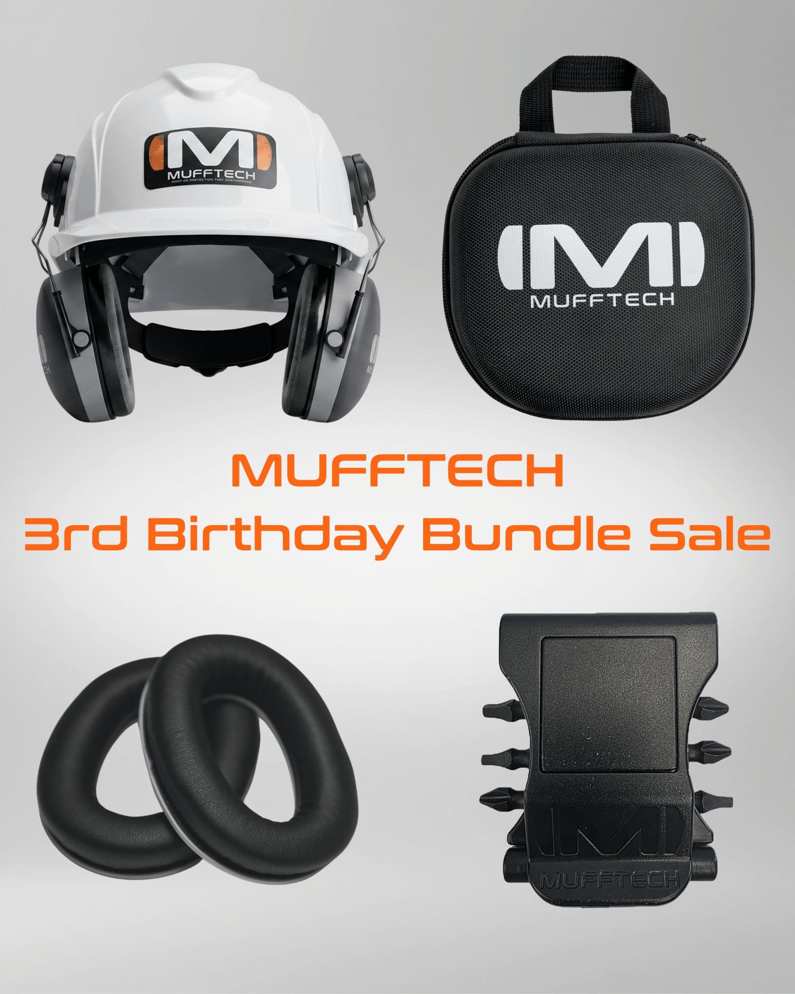 3rd Birthday Sale Bundle - Hard Hat Double OG Mufftech Bluetooth Earmuffs with Carry Case, Soft Ear Cushions and a Muff Clip - Mufftech