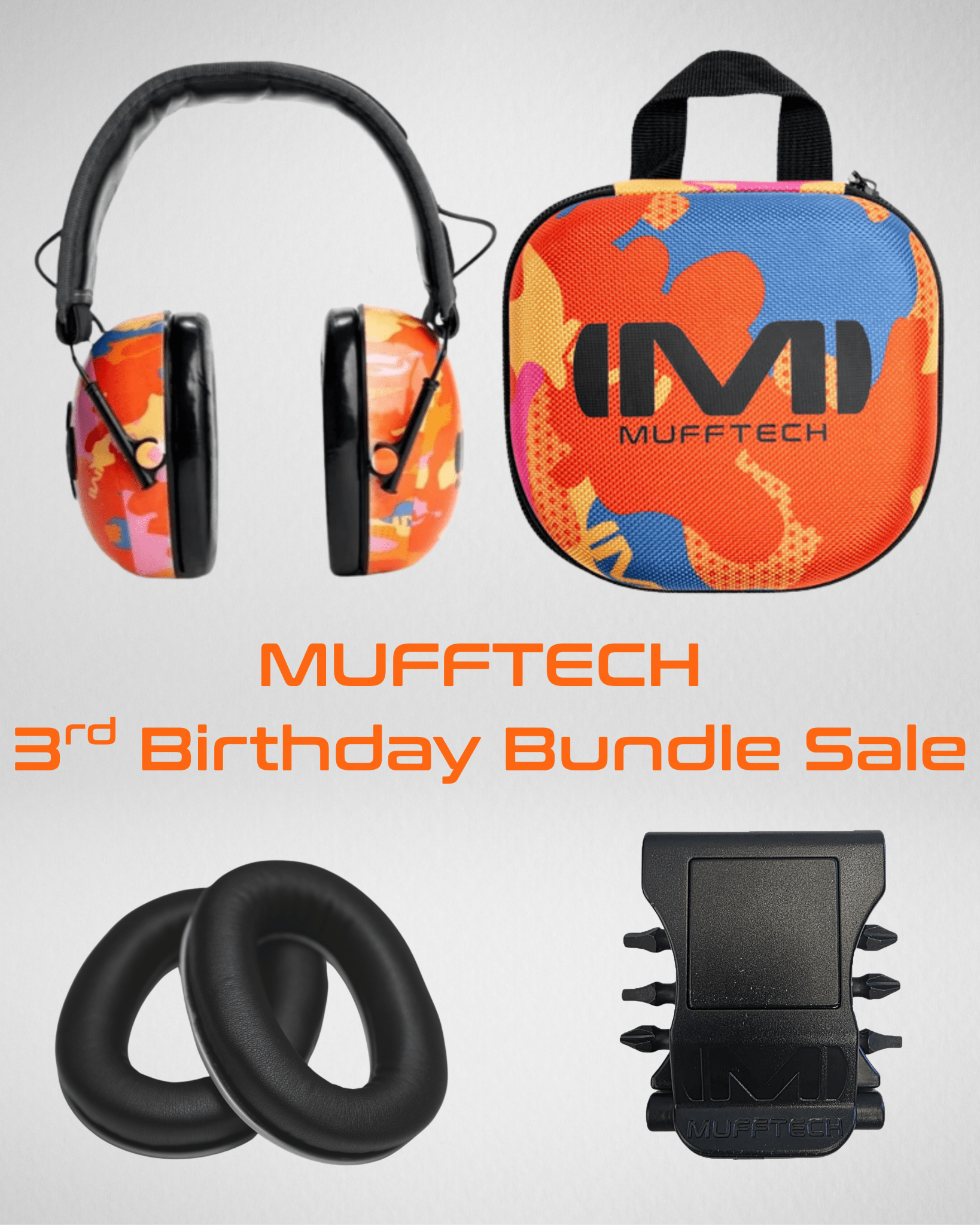 3rd Birthday Sale Bundle - Orange Roughy Mufftech Bluetooth Earmuffs with Carry Case, Soft Ear Cushions and a Muff Clip - Mufftech