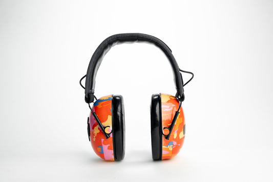 Mufftech Orange Roughy Bluetooth earmuffs front view, multicolour camo design with adjustable padded headband