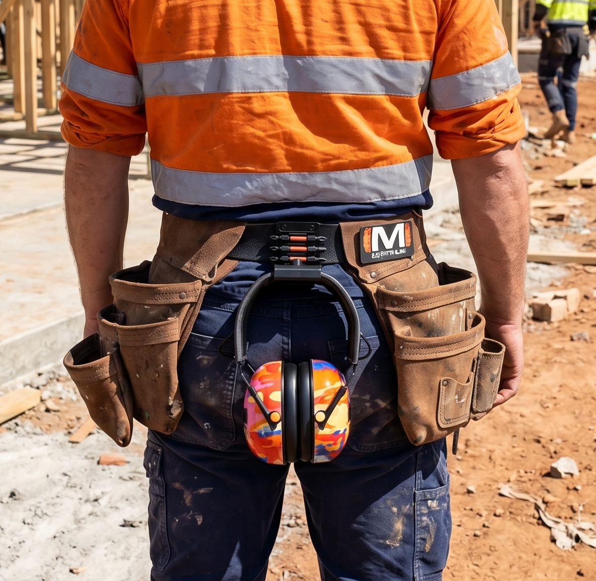 Worker in high-visibility orange shirt and tool belt at a construction site