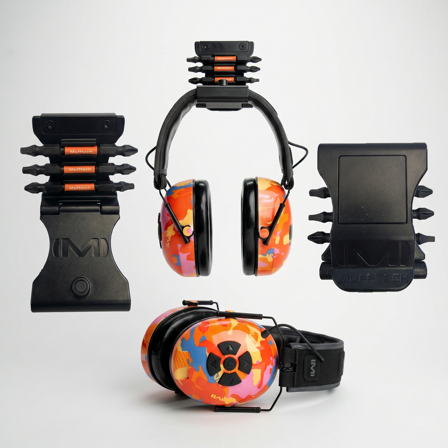 Colorful ear protection with black straps on a white background