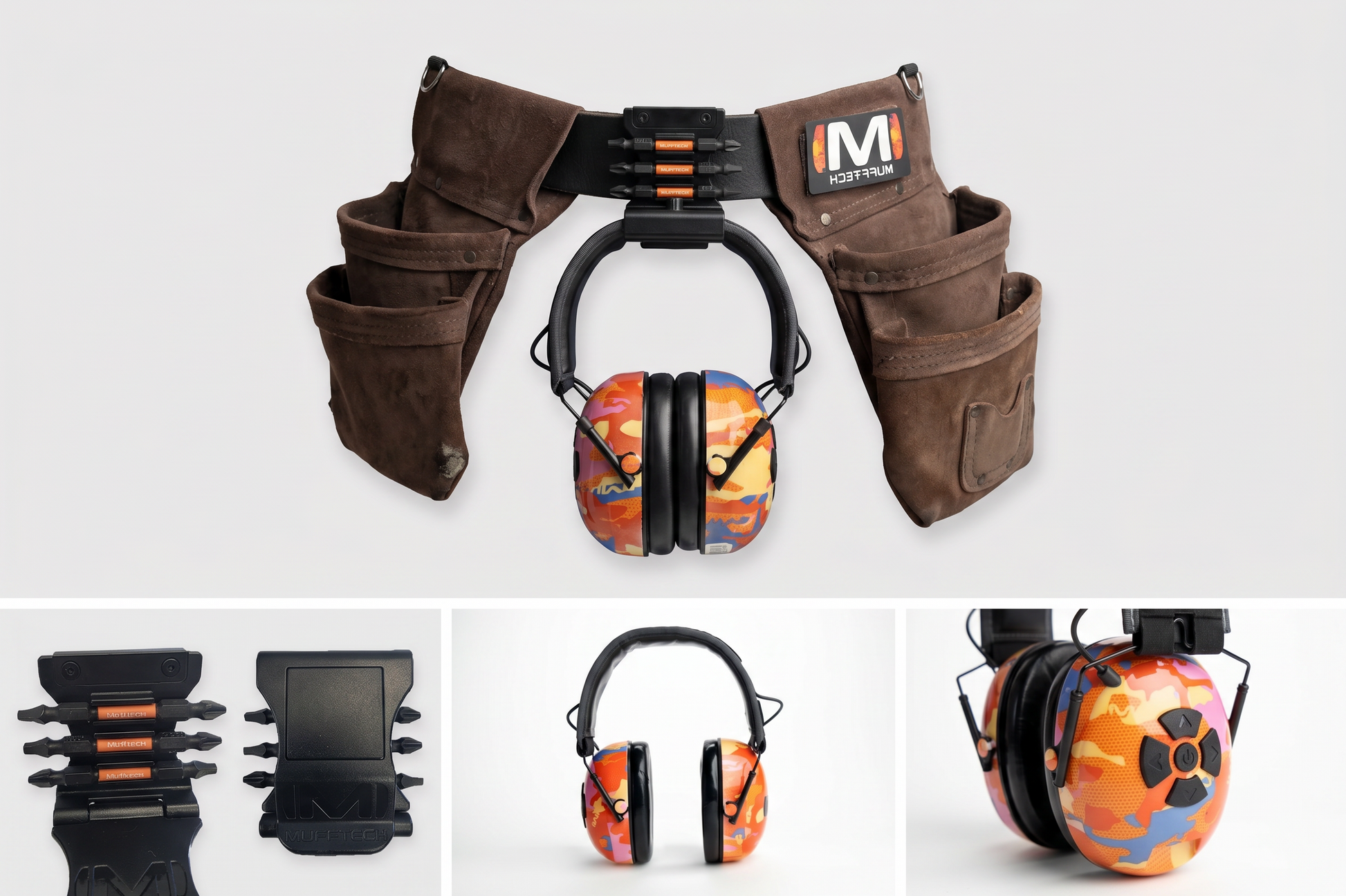 Orange and black ear protection with a brown belt on a white background